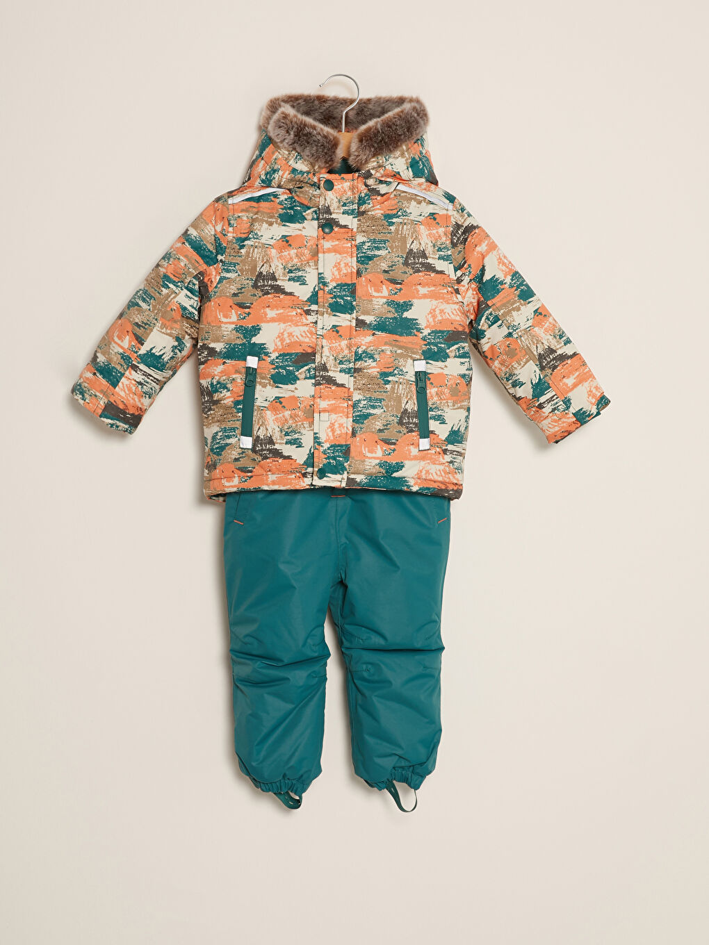 Hooded Long Sleeve Patterned Baby Boy Ski Coat and Jumpsuit Set