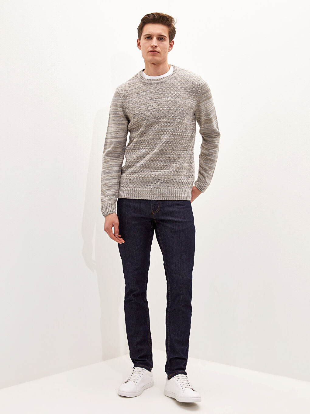 Bej Bisiklet Yaka Erkek Triko Kazak-2