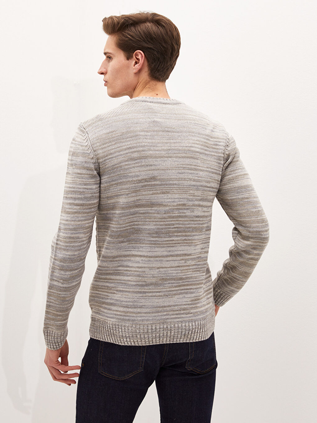 Bej Bisiklet Yaka Erkek Triko Kazak-3