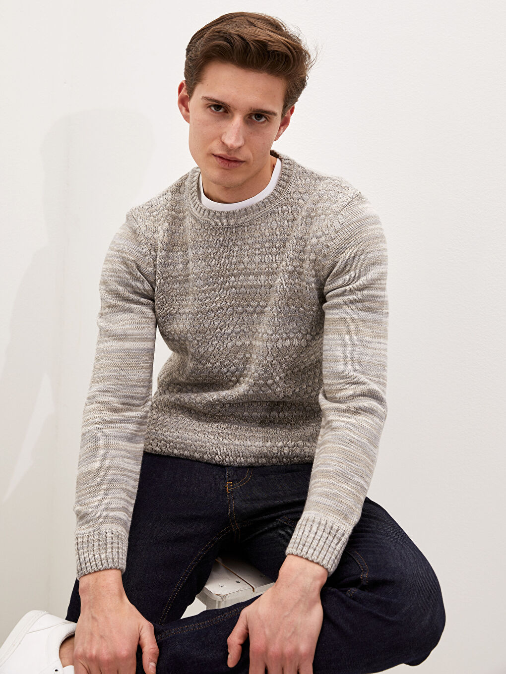 Bej Bisiklet Yaka Erkek Triko Kazak-4