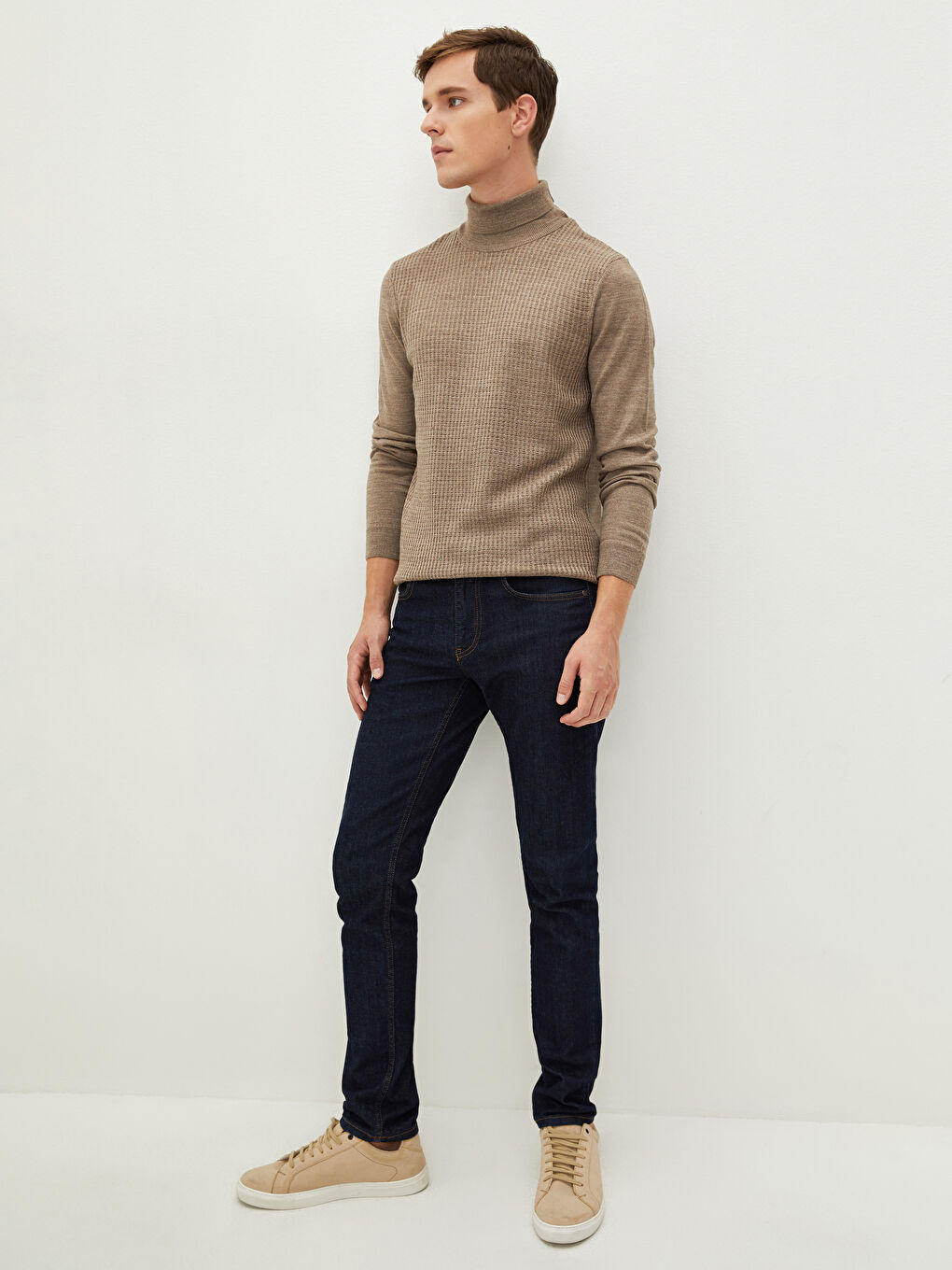 Bej Balıkçı Yaka Uzun Kollu İnce Erkek Triko Kazak-3