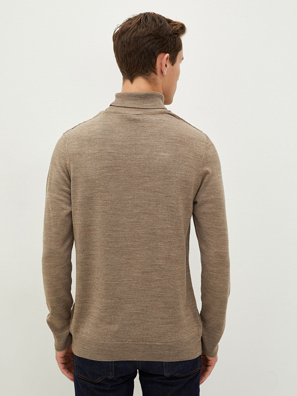 Bej Balıkçı Yaka Uzun Kollu İnce Erkek Triko Kazak-5