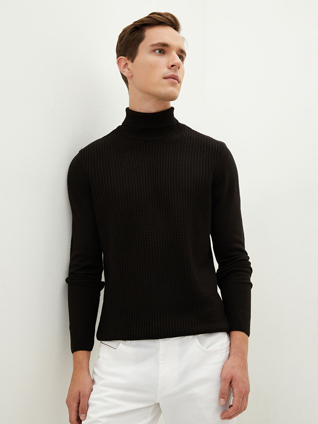 Siyah Balıkçı Yaka Uzun Kollu İnce Erkek Triko Kazak