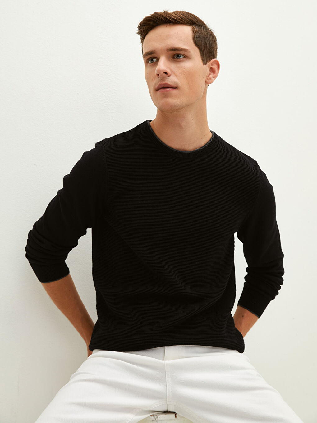 Crew Neck Long Sleeve Thin Men's Tricot Sweater-3