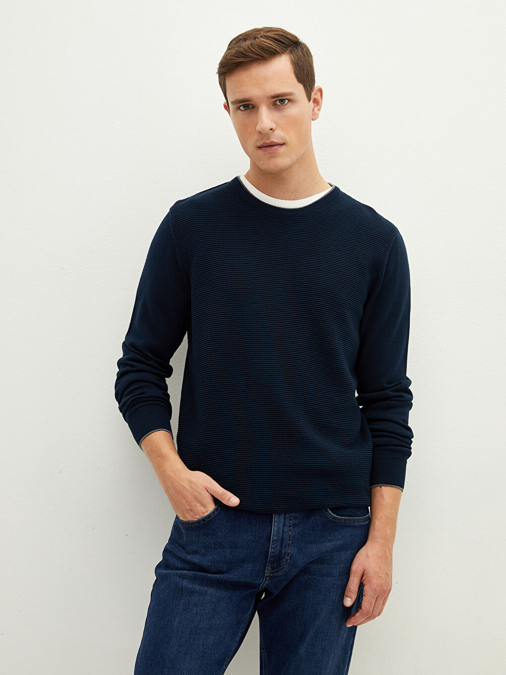 Lacivert Bisiklet Yaka Uzun Kollu İnce Erkek Triko Kazak-2