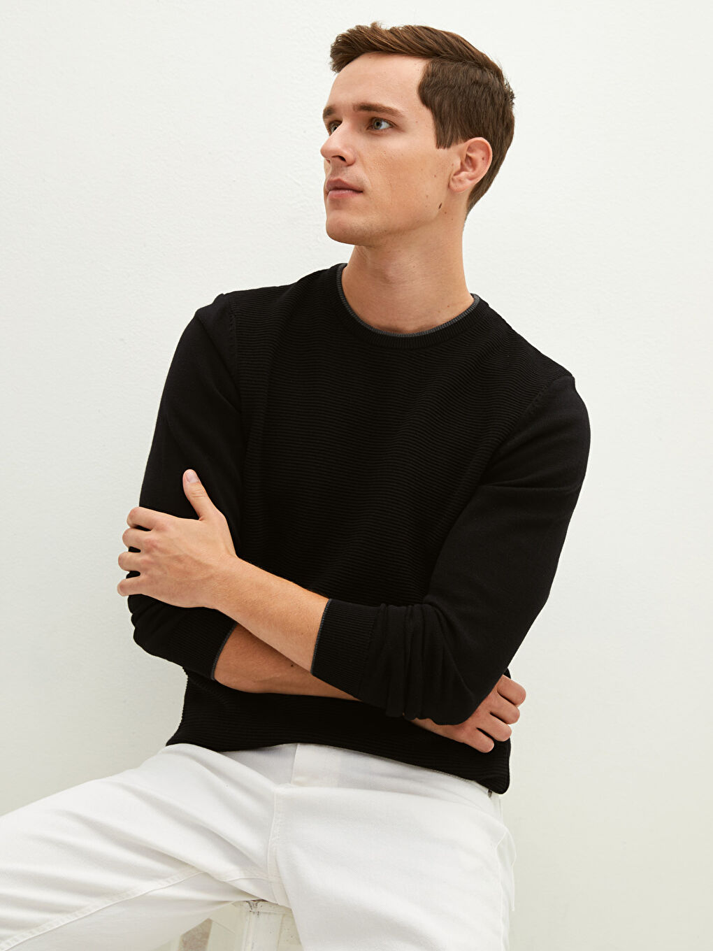Crew Neck Long Sleeve Thin Men's Tricot Sweater-1