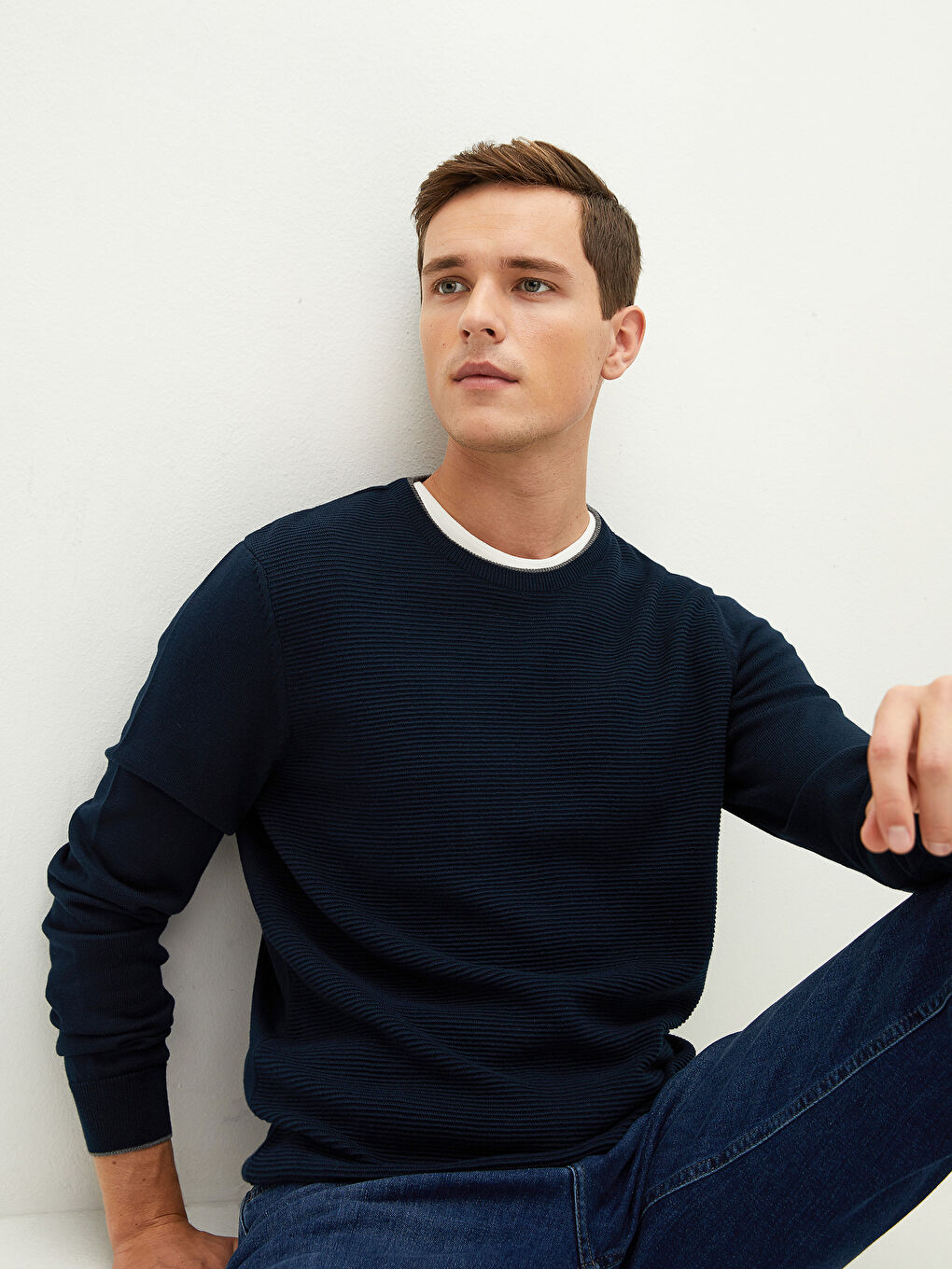 Lacivert Bisiklet Yaka Uzun Kollu İnce Erkek Triko Kazak