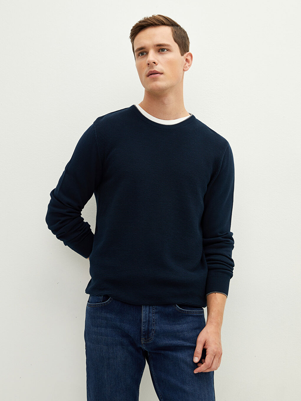 Lacivert Bisiklet Yaka Uzun Kollu İnce Erkek Triko Kazak-1