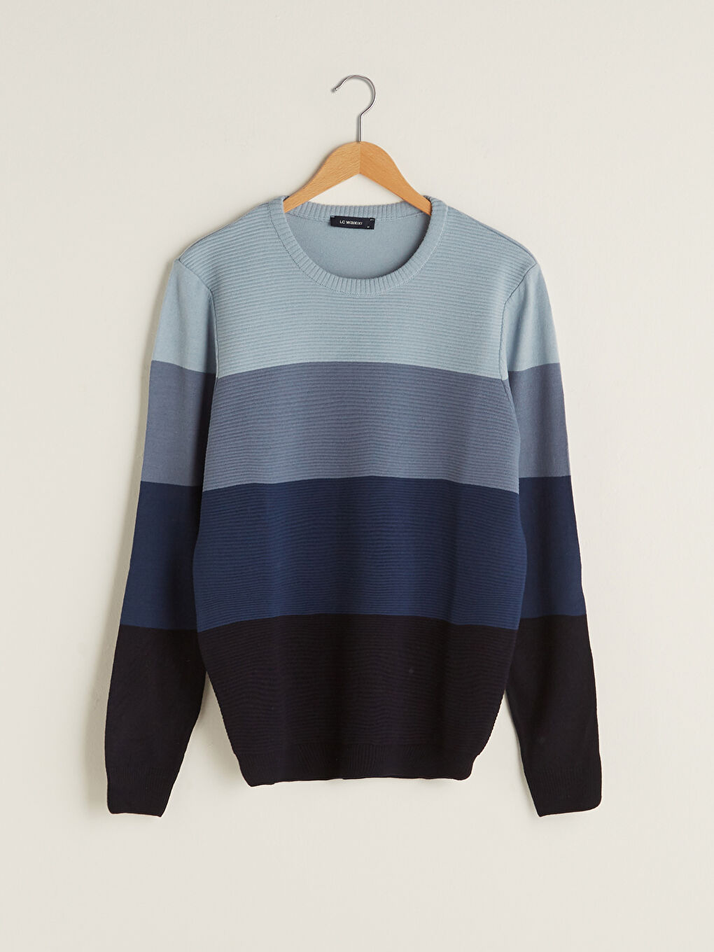 Lacivert Bisiklet Yaka Uzun Kollu Renk Bloklu Erkek Triko Kazak-5