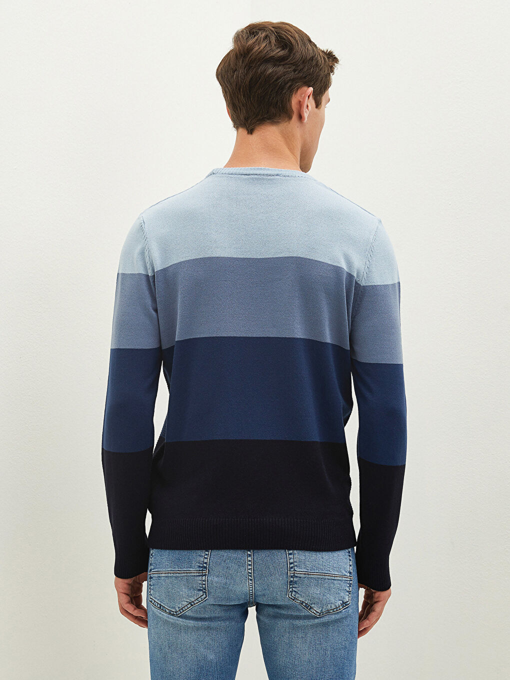 Lacivert Bisiklet Yaka Uzun Kollu Renk Bloklu Erkek Triko Kazak-3