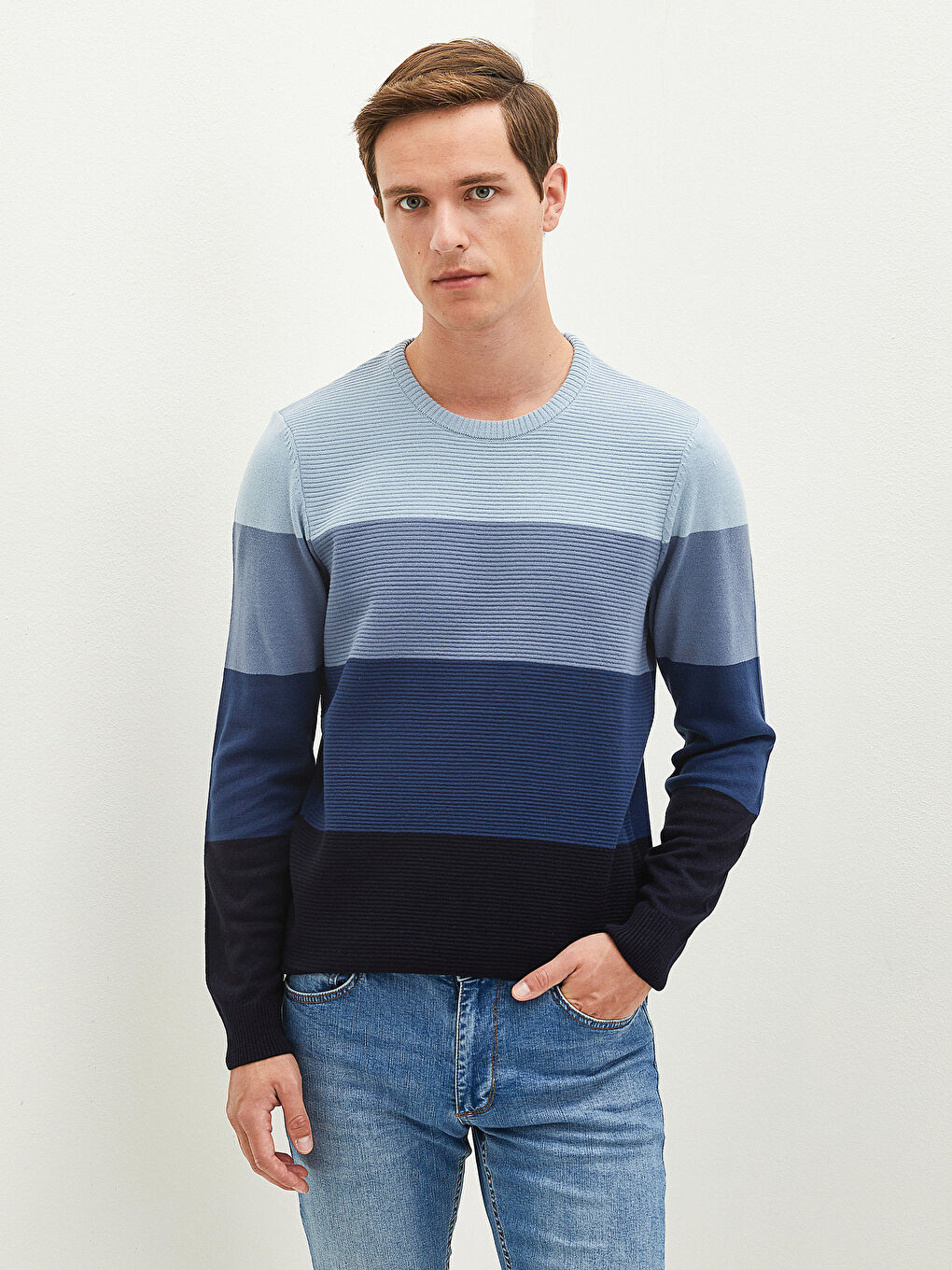 Lacivert Bisiklet Yaka Uzun Kollu Renk Bloklu Erkek Triko Kazak-4