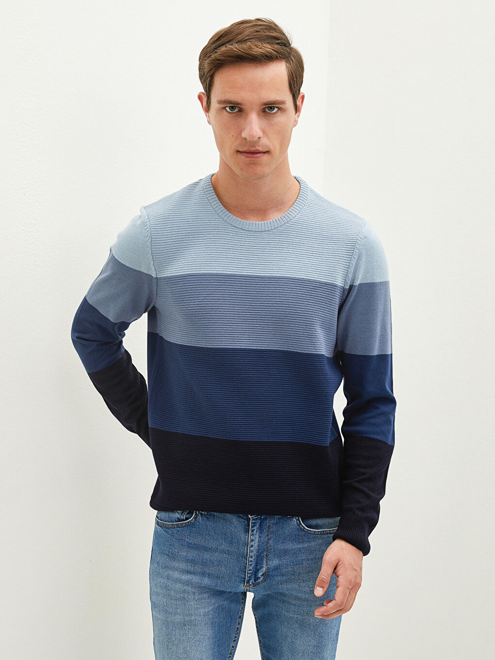 Lacivert Bisiklet Yaka Uzun Kollu Renk Bloklu Erkek Triko Kazak