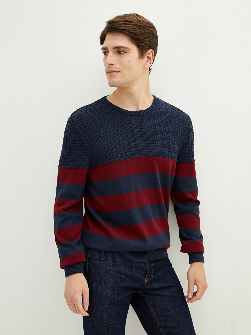 Bordo Bisiklet Yaka Uzun Kollu Çizgili Erkek Triko Kazak