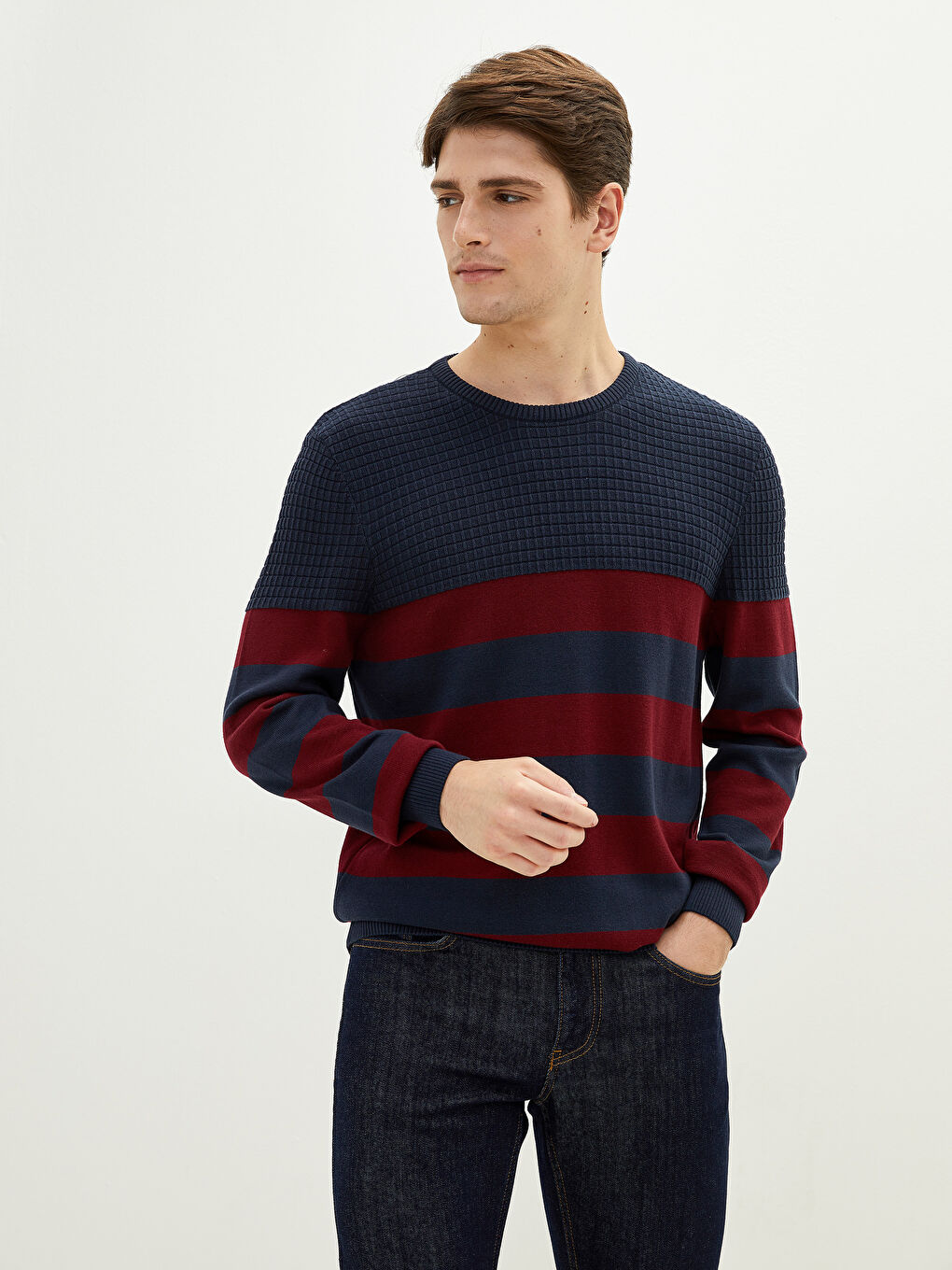 Bordo Bisiklet Yaka Uzun Kollu Çizgili Erkek Triko Kazak-1