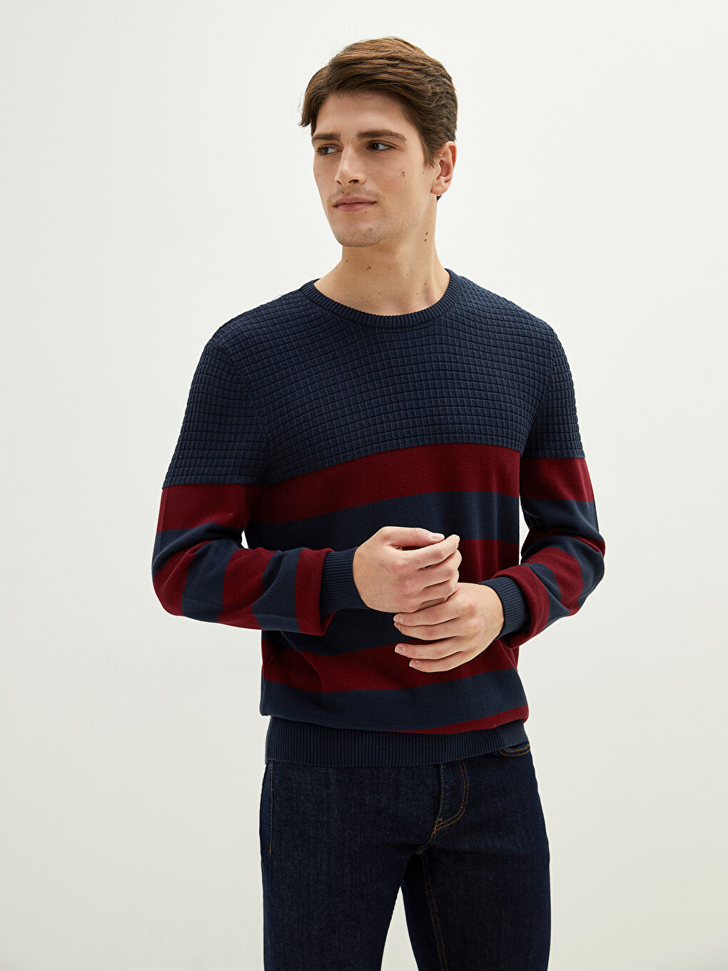 Bordo Bisiklet Yaka Uzun Kollu Çizgili Erkek Triko Kazak-2