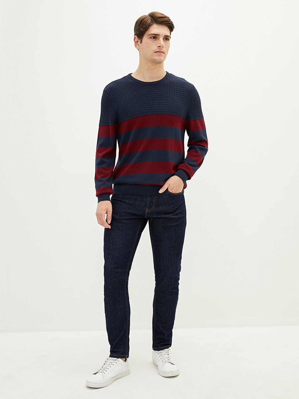 Bordo Bisiklet Yaka Uzun Kollu Çizgili Erkek Triko Kazak-3