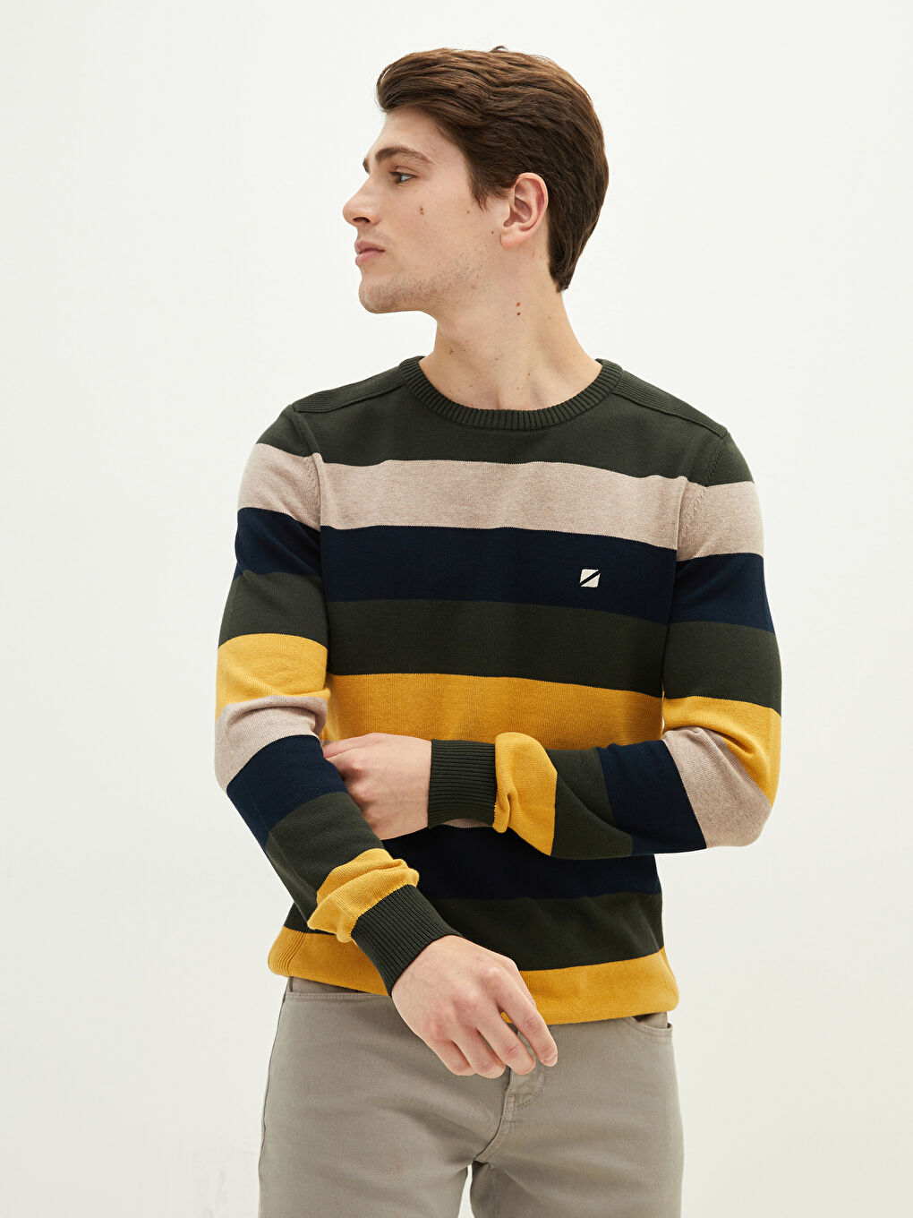 Haki Bisiklet Yaka Uzun Kollu Renk Bloklu Erkek Triko Kazak-2