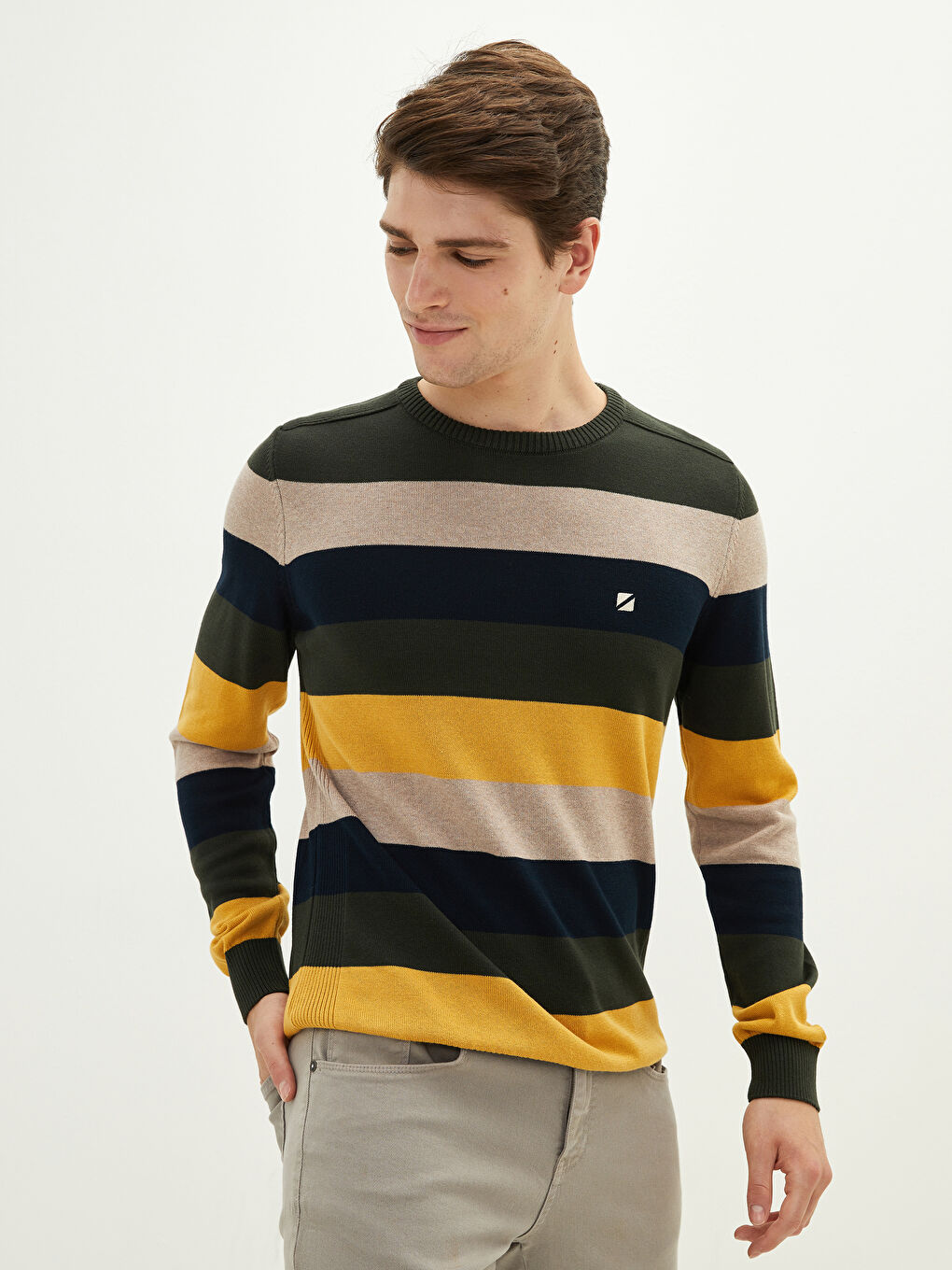 Haki Bisiklet Yaka Uzun Kollu Renk Bloklu Erkek Triko Kazak-3