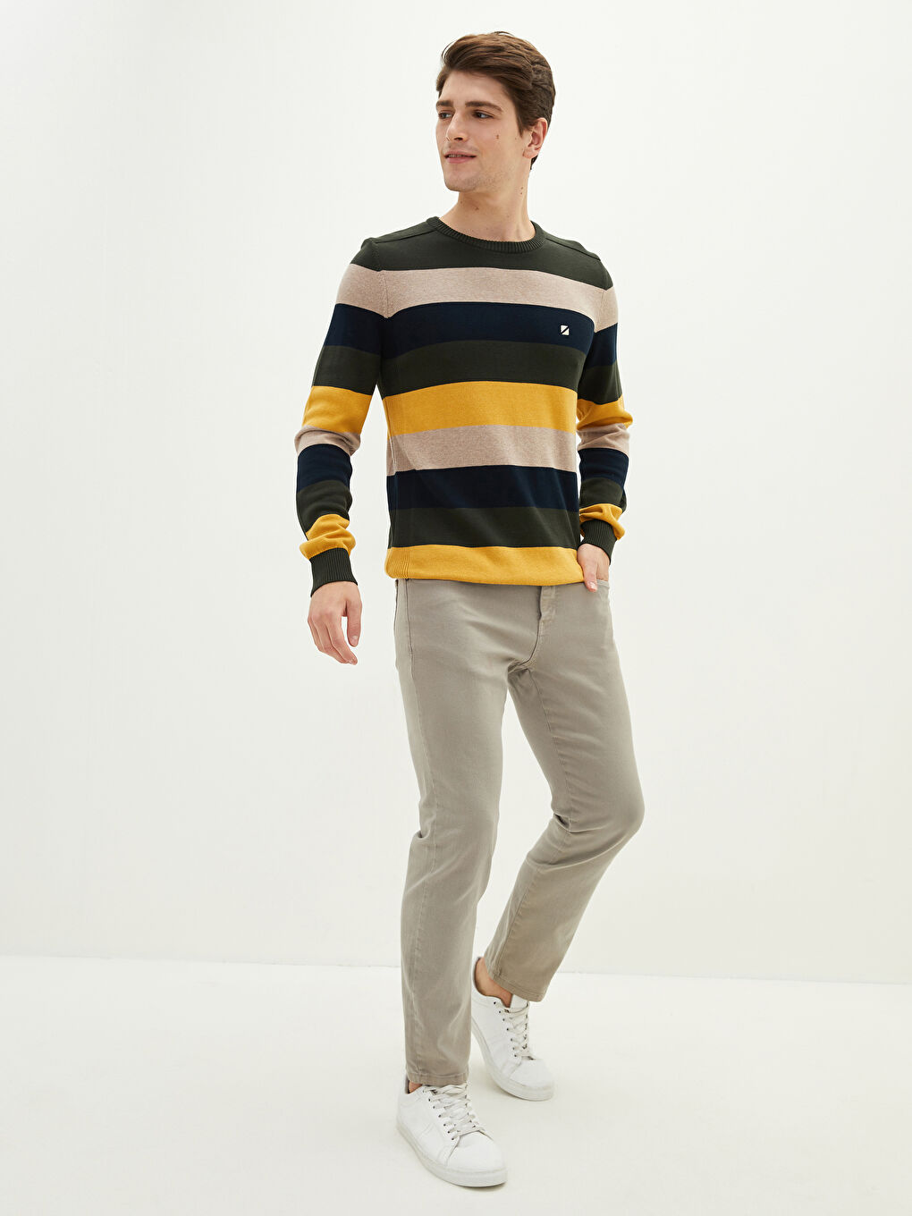 Haki Bisiklet Yaka Uzun Kollu Renk Bloklu Erkek Triko Kazak-4