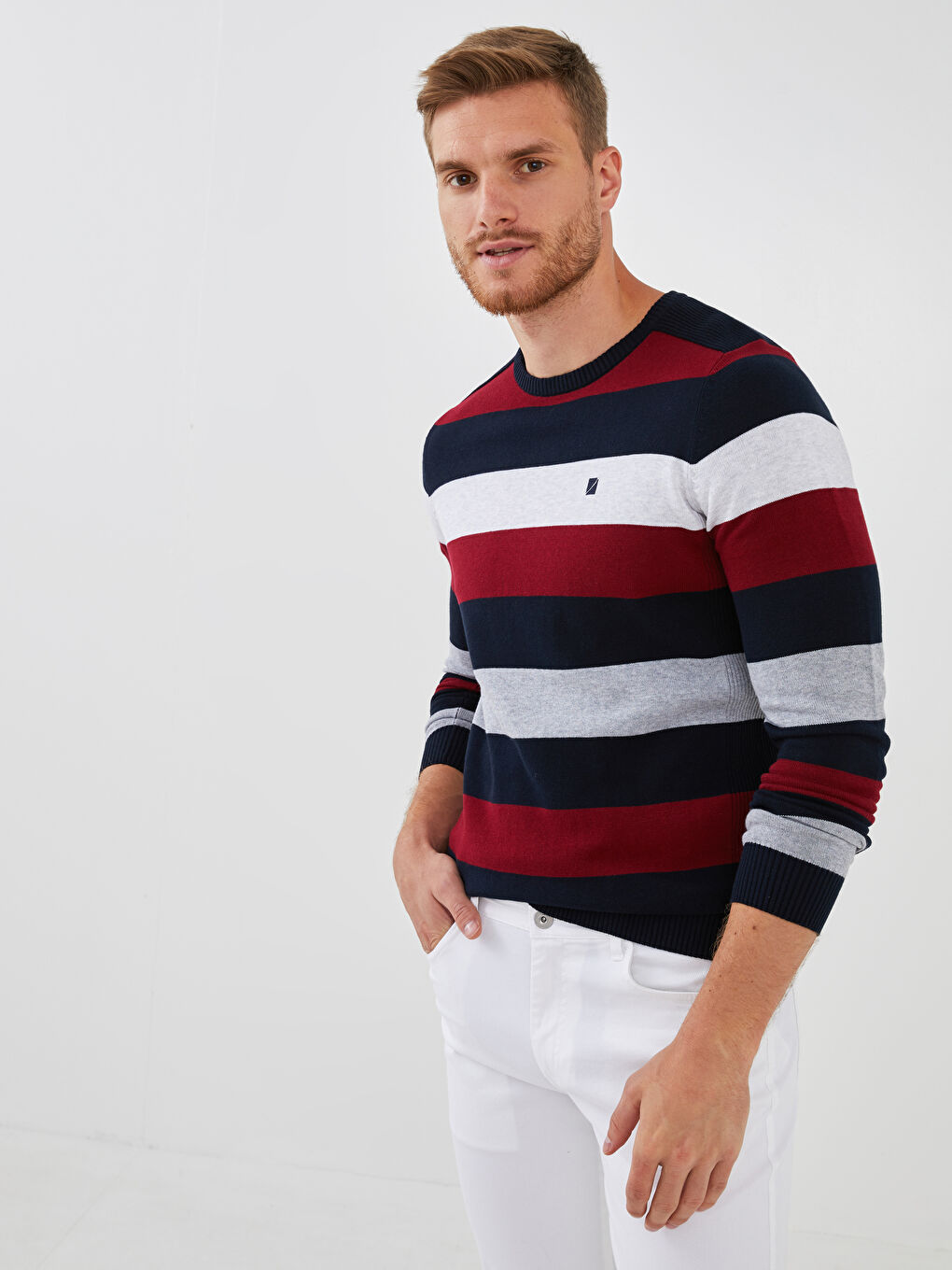 LCWAIKIKI Classic Crew Neck Long Sleeve Striped Men's Knitwear Sweater -W10748Z8-HQR
