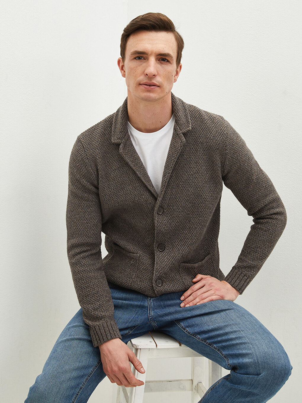 Bej Slim Fit Ceket Yaka Kalın Erkek Triko Hırka-1