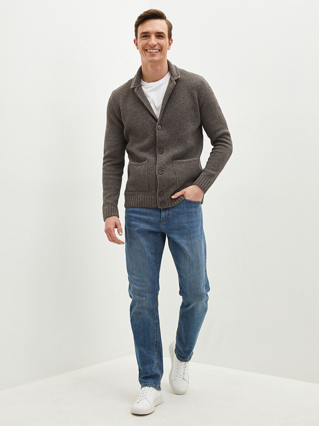 Bej Slim Fit Ceket Yaka Kalın Erkek Triko Hırka-2