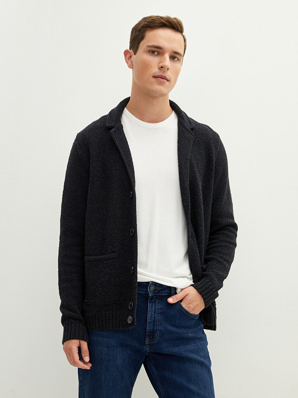 Antrasit Slim Fit Ceket Yaka Kalın Erkek Triko Hırka-1