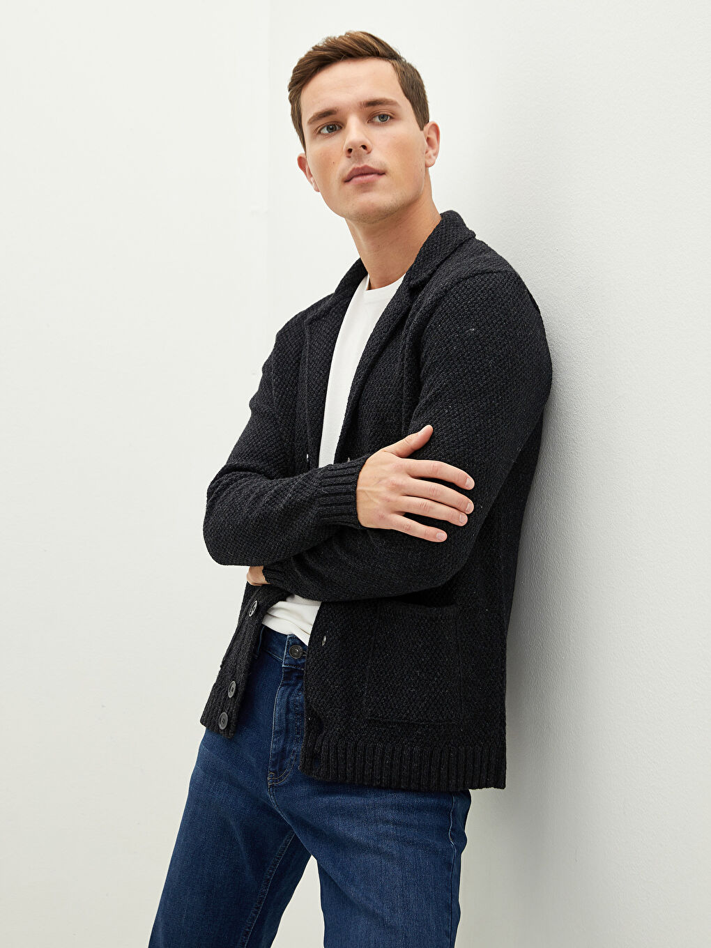 Antrasit Slim Fit Ceket Yaka Kalın Erkek Triko Hırka-2