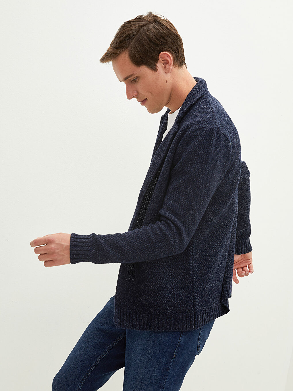 Lacivert Slim Fit Ceket Yaka Kalın Erkek Triko Hırka