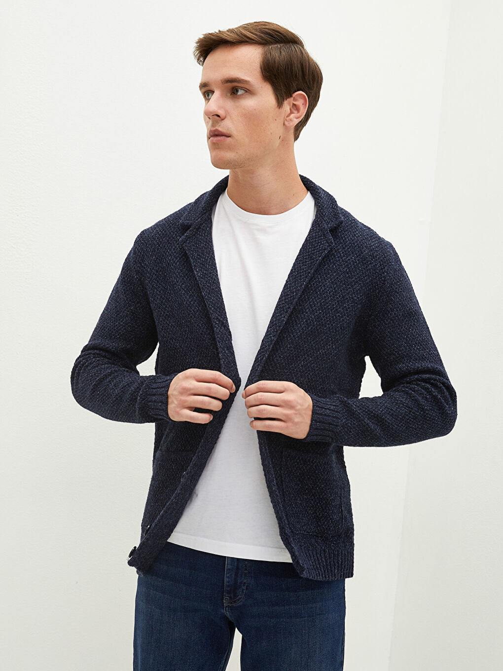 Lacivert Slim Fit Ceket Yaka Kalın Erkek Triko Hırka-1