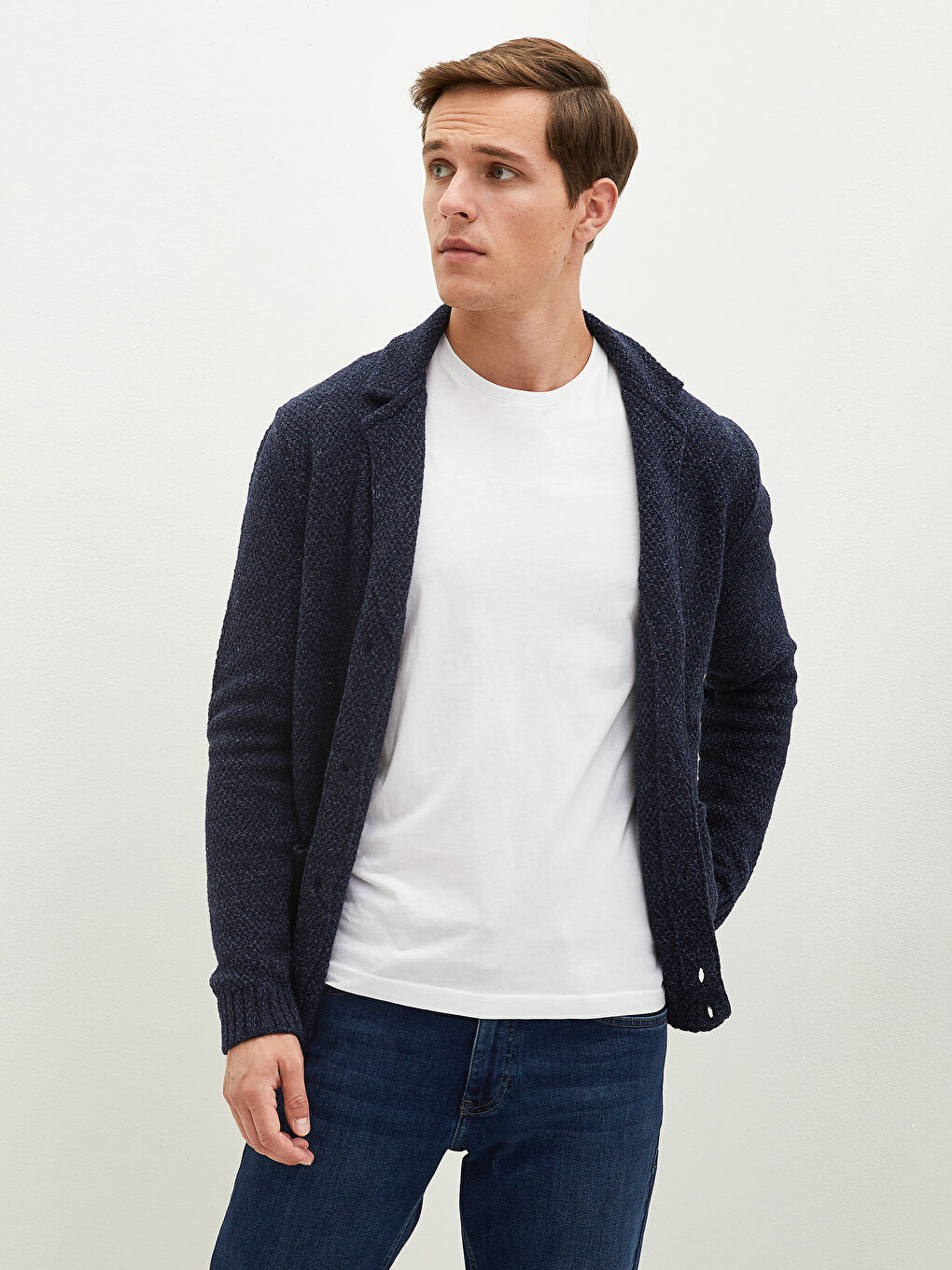 Lacivert Slim Fit Ceket Yaka Kalın Erkek Triko Hırka-2