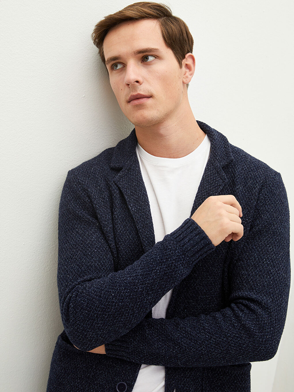 Lacivert Slim Fit Ceket Yaka Kalın Erkek Triko Hırka-3