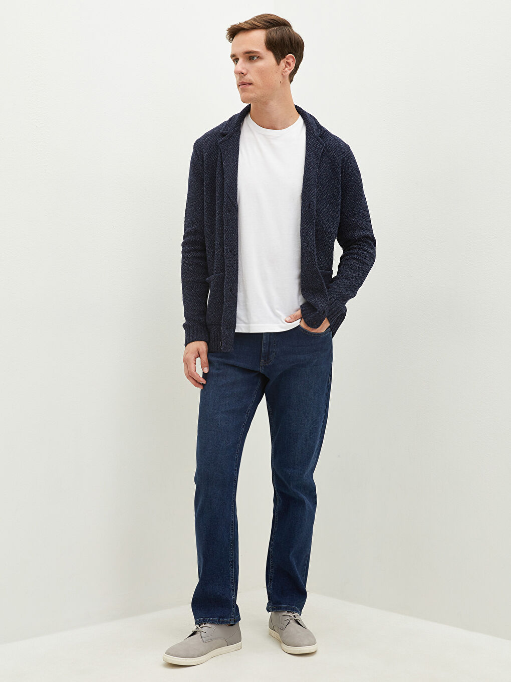 Lacivert Slim Fit Ceket Yaka Kalın Erkek Triko Hırka-4