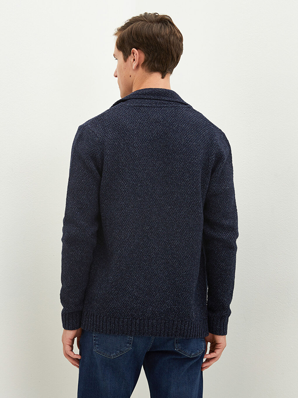 Lacivert Slim Fit Ceket Yaka Kalın Erkek Triko Hırka-5