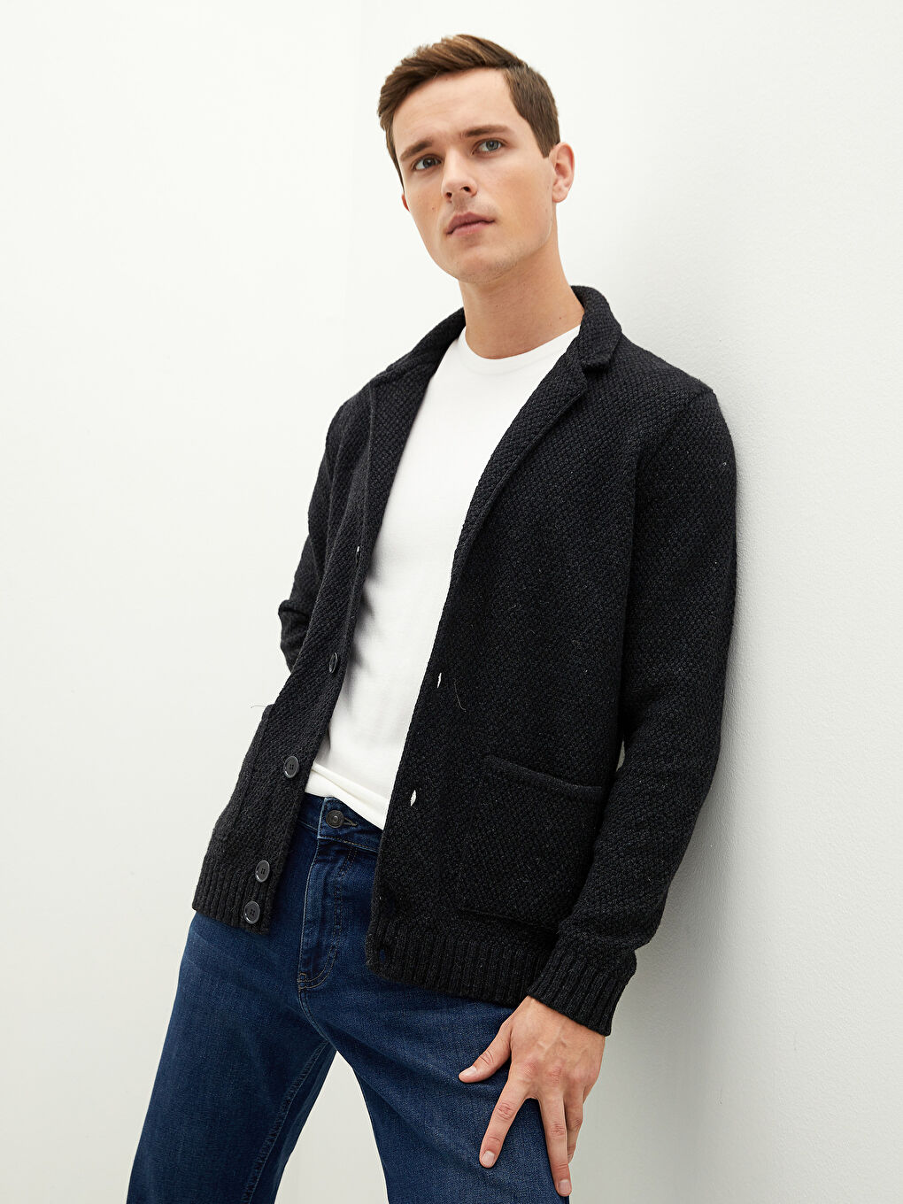 Antrasit Slim Fit Ceket Yaka Kalın Erkek Triko Hırka-5