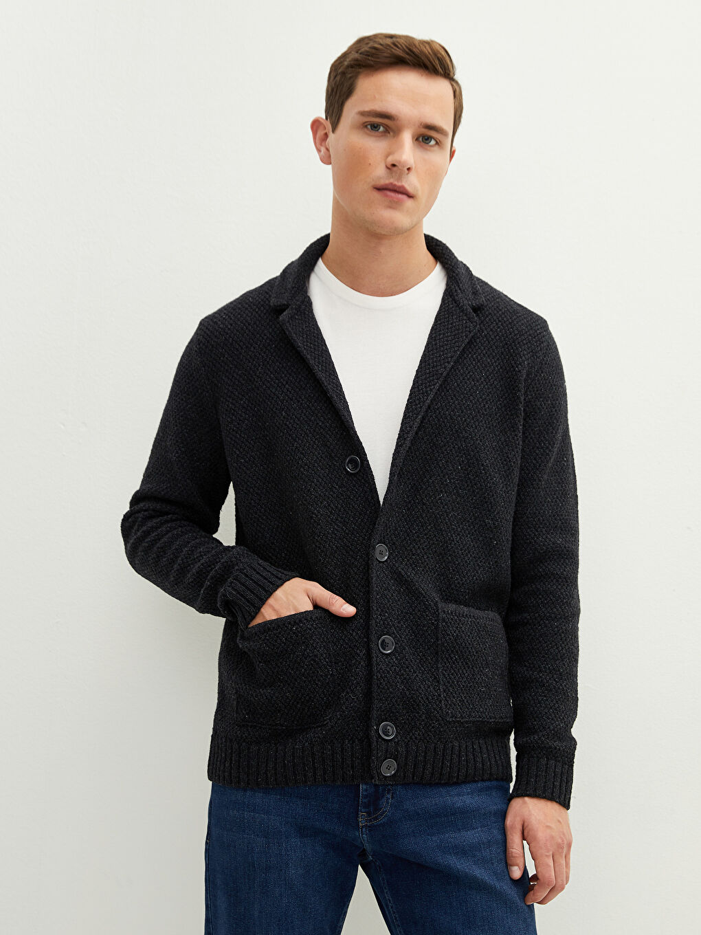 Antrasit Slim Fit Ceket Yaka Kalın Erkek Triko Hırka