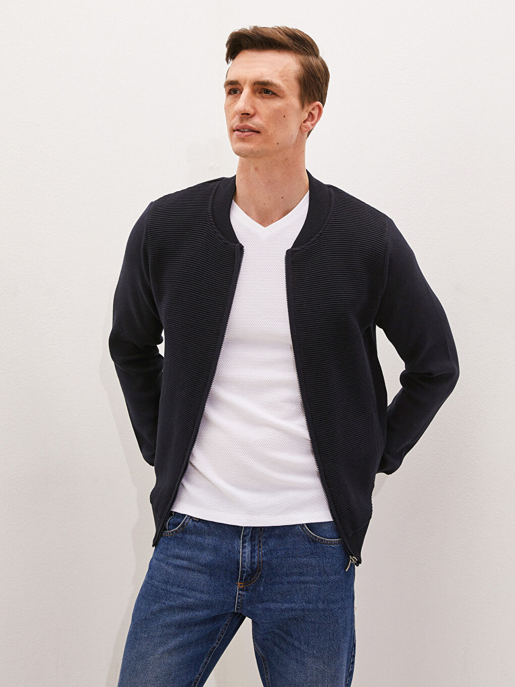 Кардиган Мужской Вязаный Приталенный С Узором Воротник Колледж-1