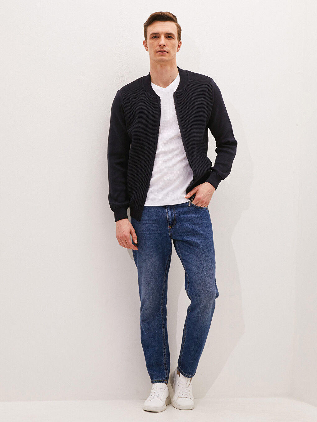 Кардиган Мужской Вязаный Приталенный С Узором Воротник Колледж-3