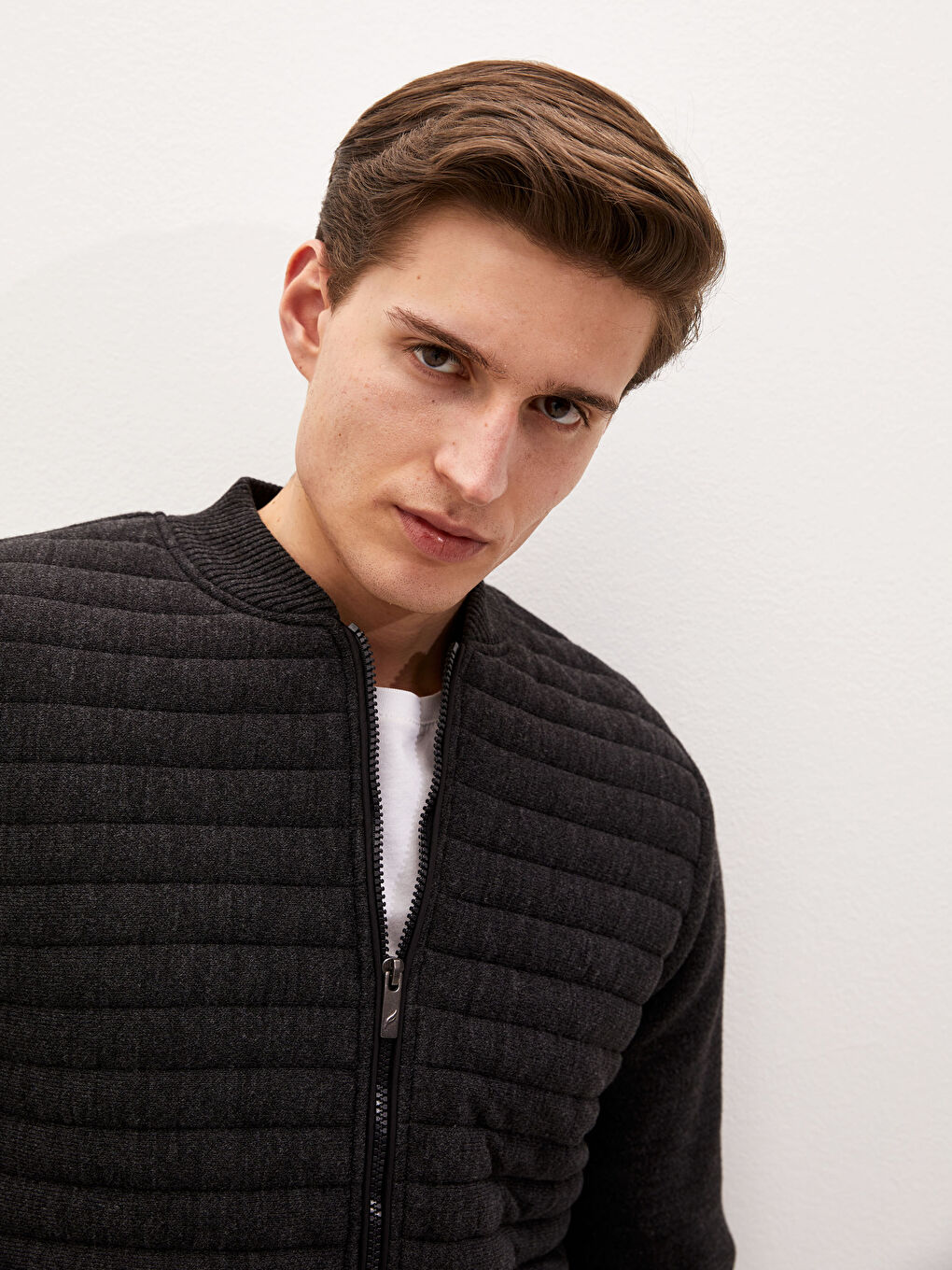 Gri Standart Kalıp Kolej Yaka Kalın Erkek Triko Hırka-1