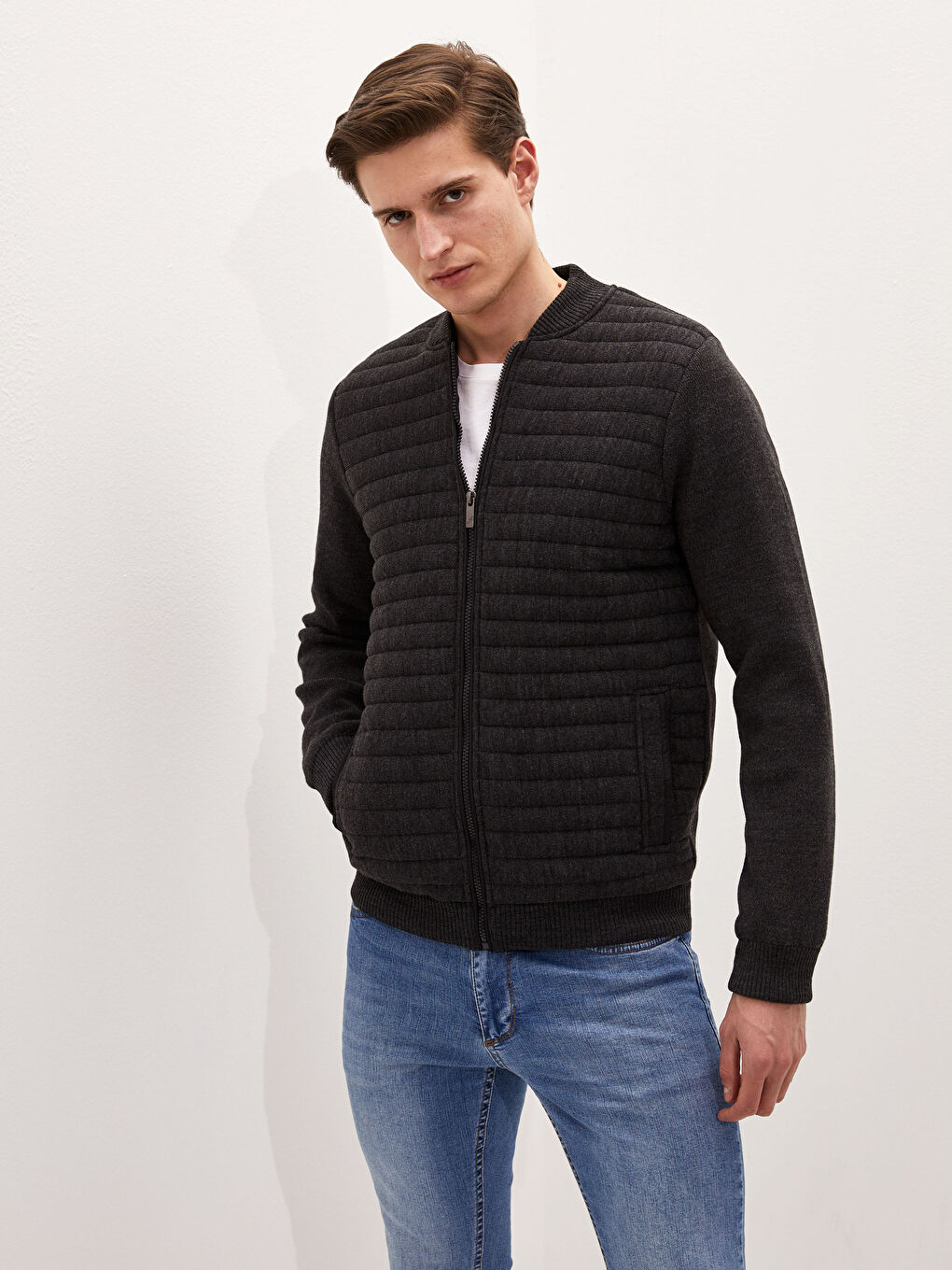 Gri Standart Kalıp Kolej Yaka Kalın Erkek Triko Hırka-2