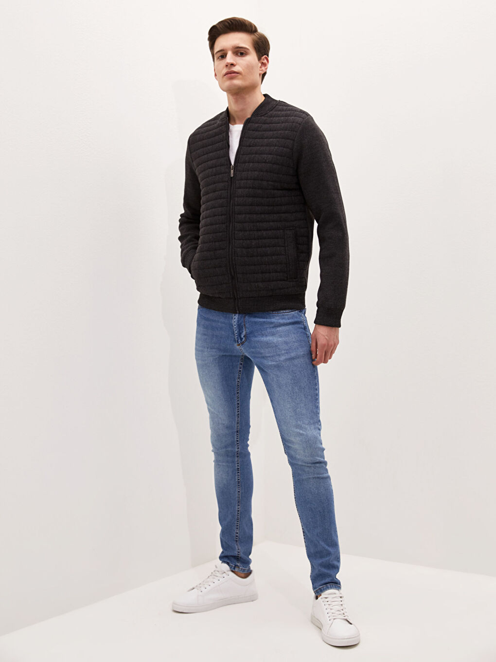 Gri Standart Kalıp Kolej Yaka Kalın Erkek Triko Hırka-3