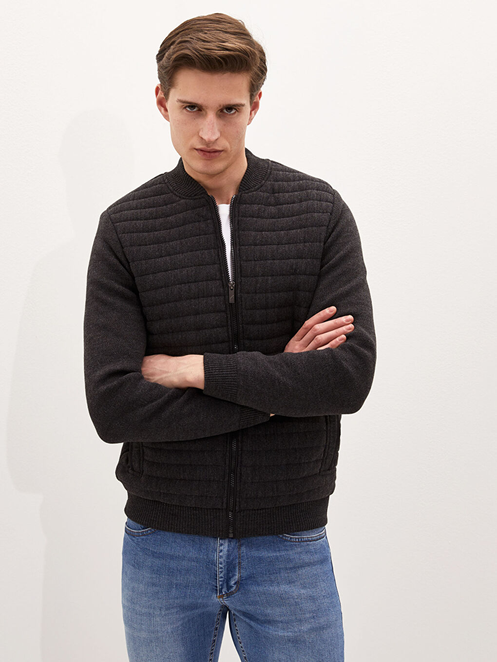 Gri Standart Kalıp Kolej Yaka Kalın Erkek Triko Hırka-5