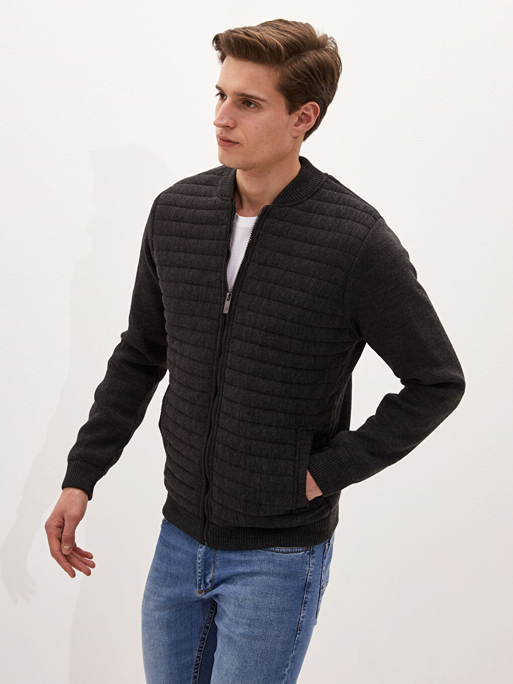 Gri Standart Kalıp Kolej Yaka Kalın Erkek Triko Hırka