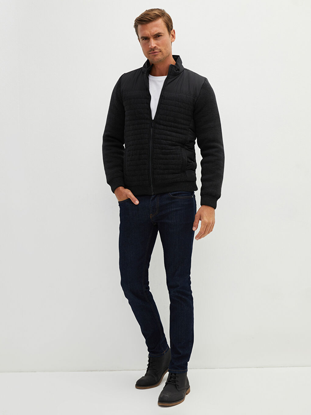 Gri Standart Kalıp Dik Yaka Erkek Hırka-3