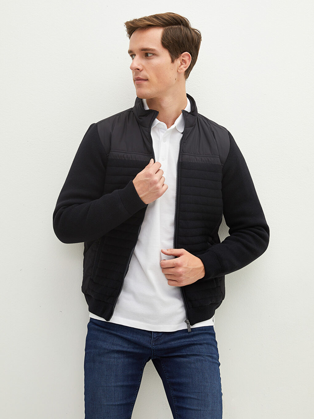 Lacivert Standart Kalıp Dik Yaka Erkek Hırka