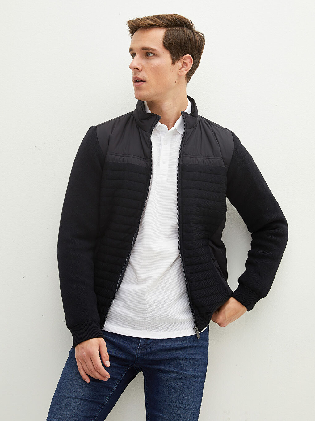 Lacivert Standart Kalıp Dik Yaka Erkek Hırka-1