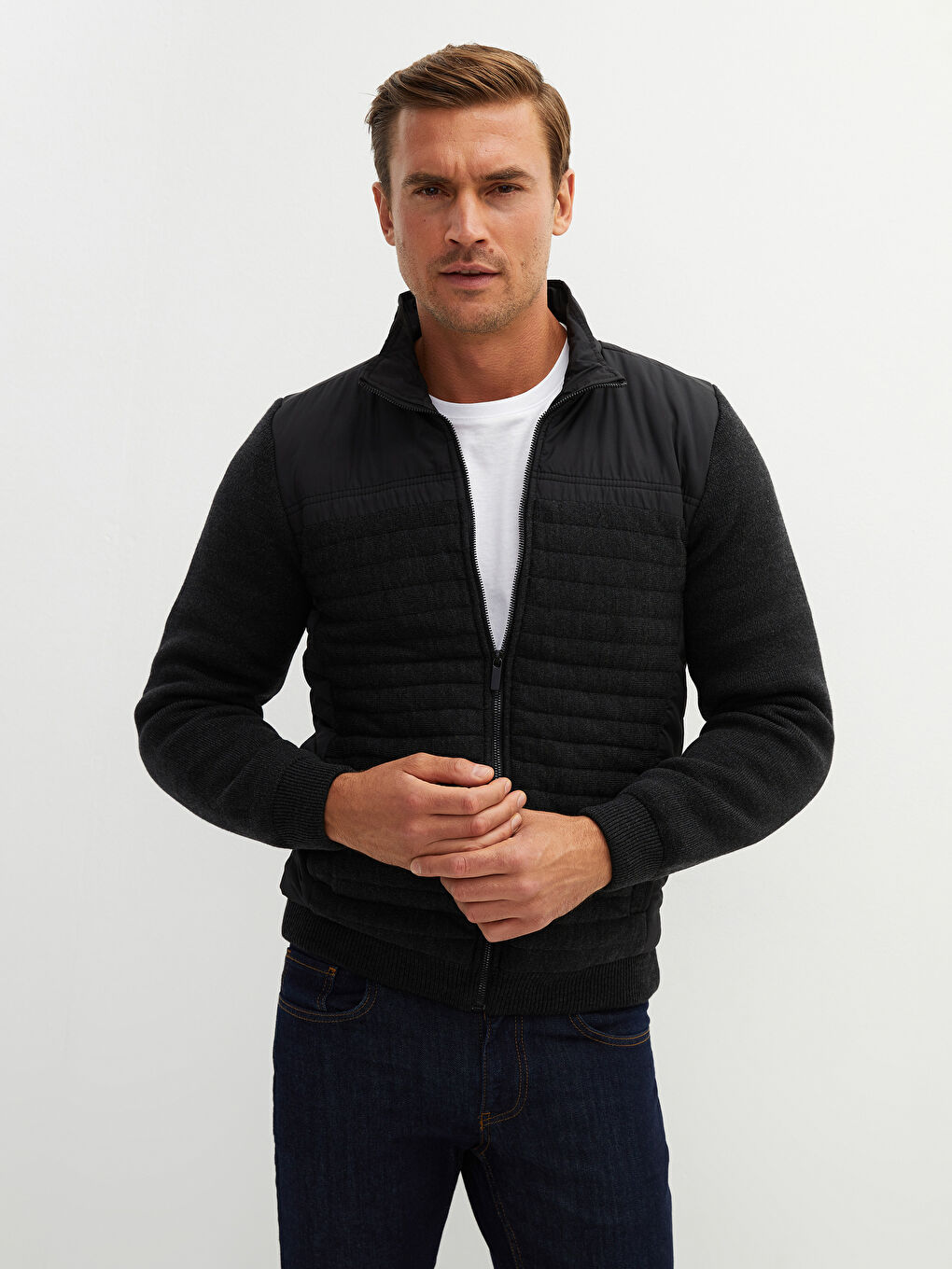 Gri Standart Kalıp Dik Yaka Erkek Hırka