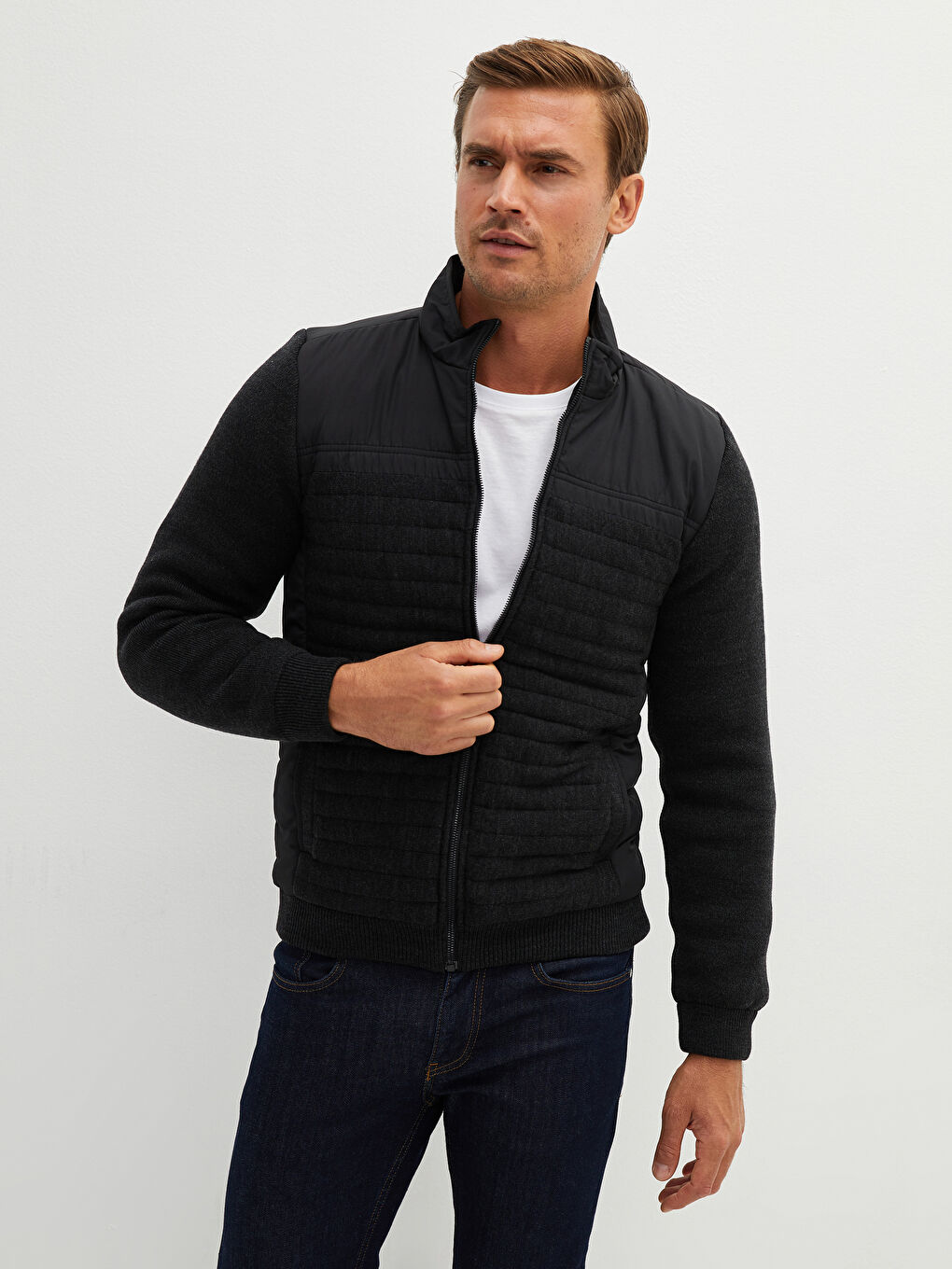 Gri Standart Kalıp Dik Yaka Erkek Hırka-1