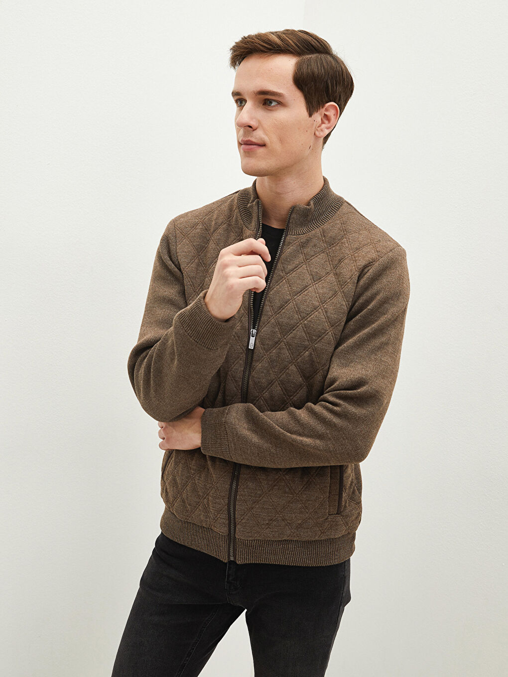 Kahverengi Standart Kalıp Dik Yaka Erkek Hırka