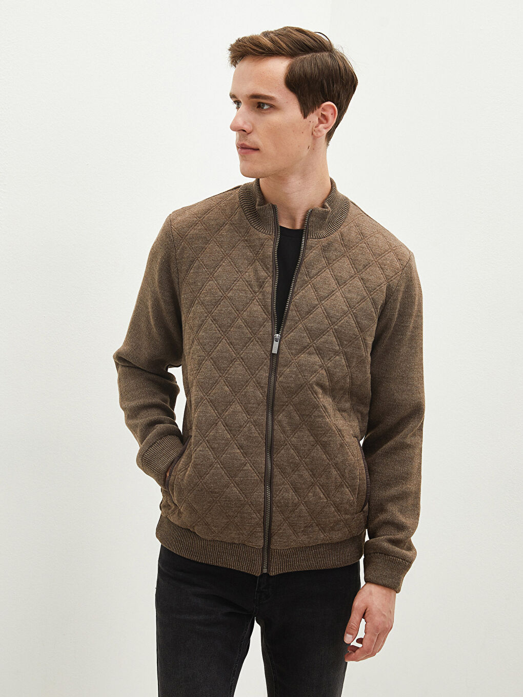 Kahverengi Standart Kalıp Dik Yaka Erkek Hırka-1